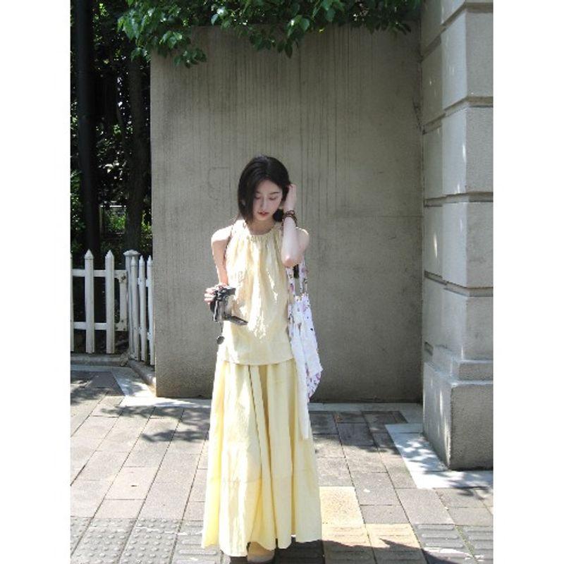 Kumikumi Gentle Wind Set Pleat Hanging Neck Cami Women Summer Drape High Waist Skirt Two-piece Set