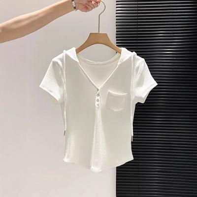 Pure Desire Hooded V-neck Short-sleeved T-shirt Women's Summer New Slim and Thin Shoulder Design Niche Top