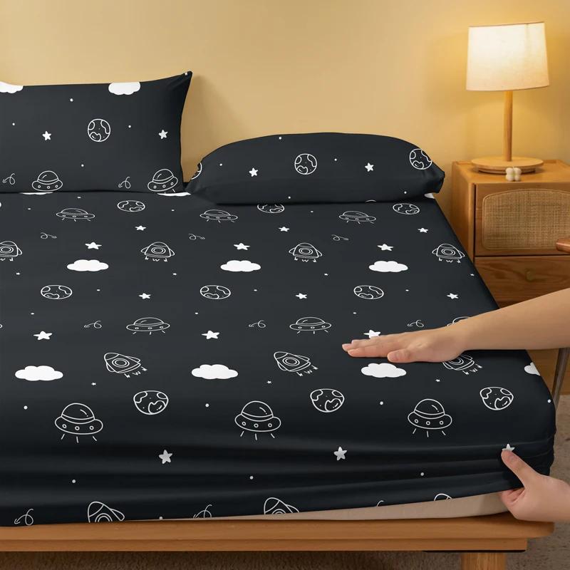 1 Cartoon Fun Rocket Printed Matte Fitted Sheet, Bedroom Printed Bed Cover, Bedding (Excluding Pillowcases)