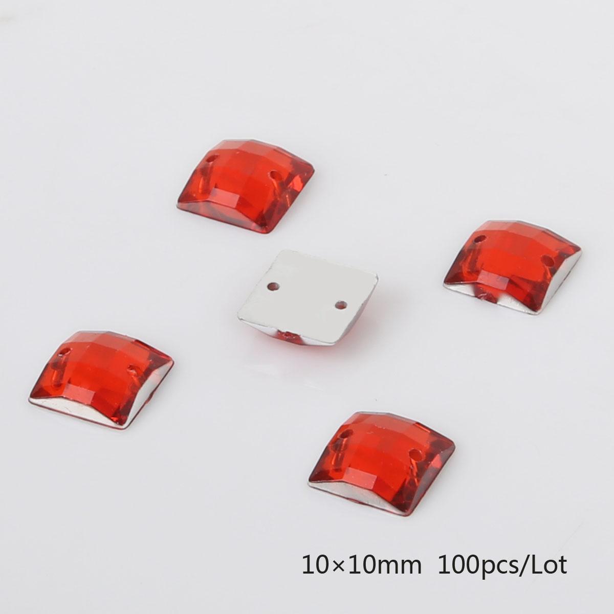 

50/100 шт., стразы с плоской обратной стороной, квадратные акриловые бусины, пришитые стразы, хрустальные камни для рукоделия, украшения для скрапбукинга 10x10mm 100pcs красный