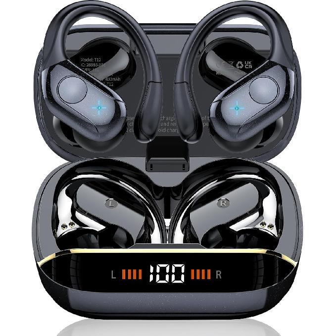 Wireless Earbuds Bluetooth 5.4 Headphones Sports, 75H Stereo Deep Bass Over Ear Buds with Earhooks, Bluetooth Earbuds with 4 ENC Mic, LED Display,