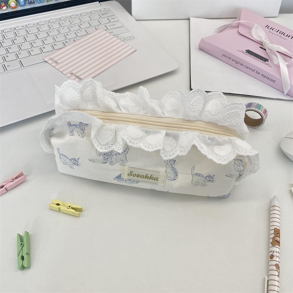 Cat Themed Pencil Case Large Capacity Organizer With Lace Print For Students And Office Use