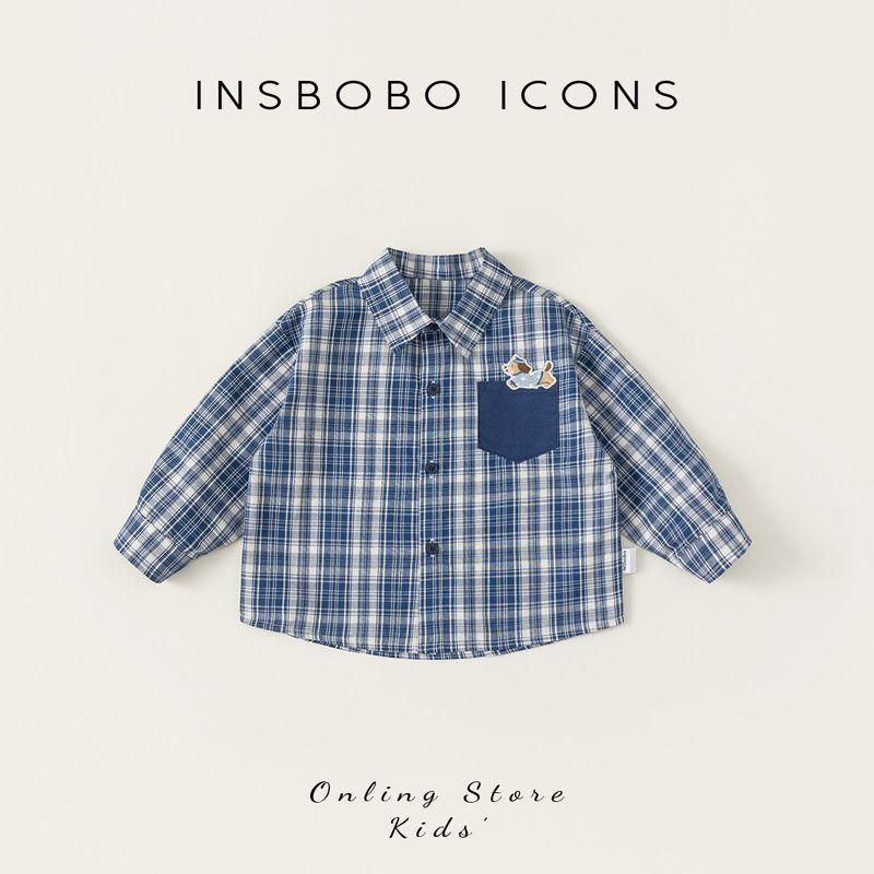 Insbobo Boys  Shirts 2026 Spring Long-Sleeved Pure Cotton Shirts Kidsren s Fashionable New Spring & Fall Baby Kidsren s Clothing Blue and White Grid 80