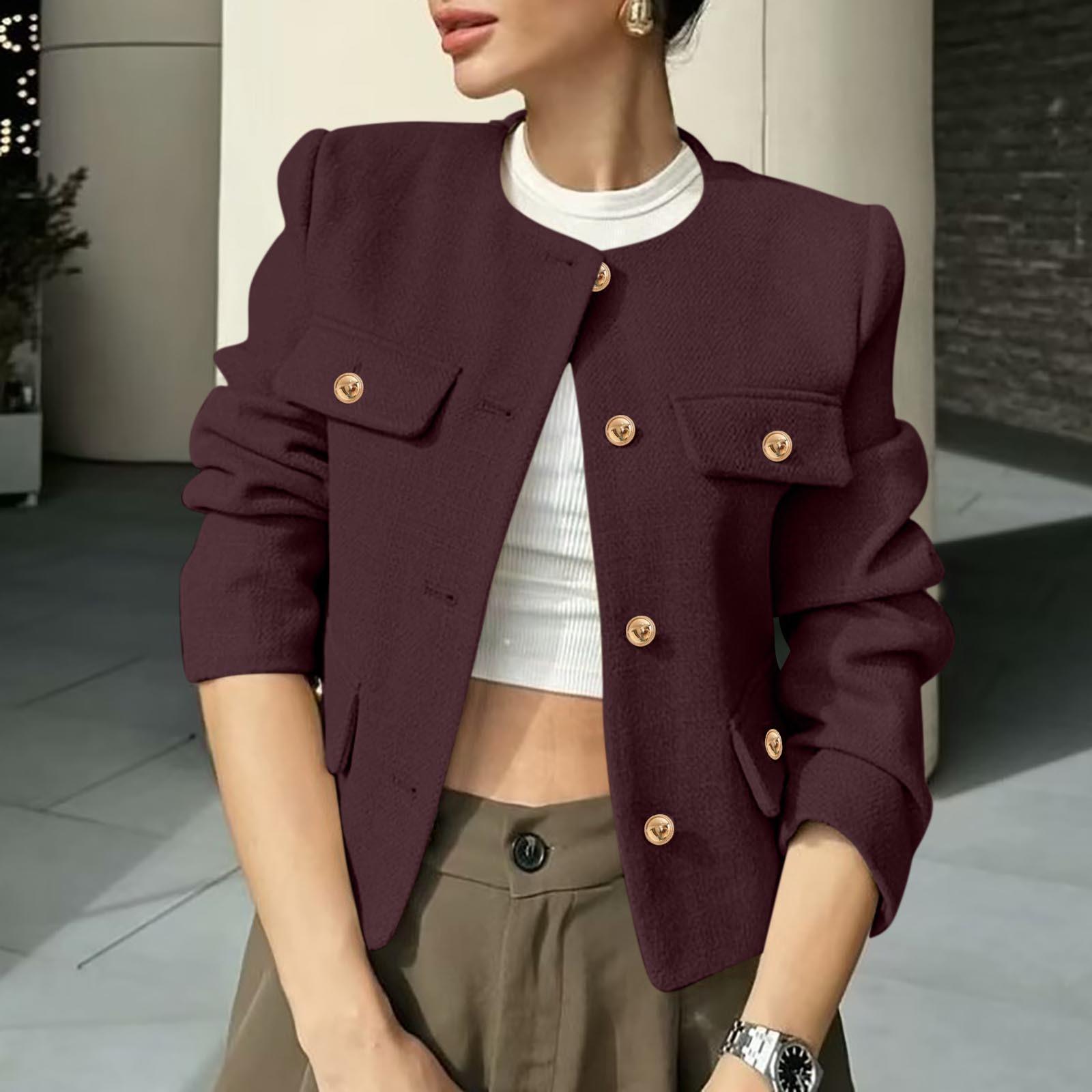 

Женская однотонная короткая куртка с круглым вырезом, модная, украшенная пуговицами L винный