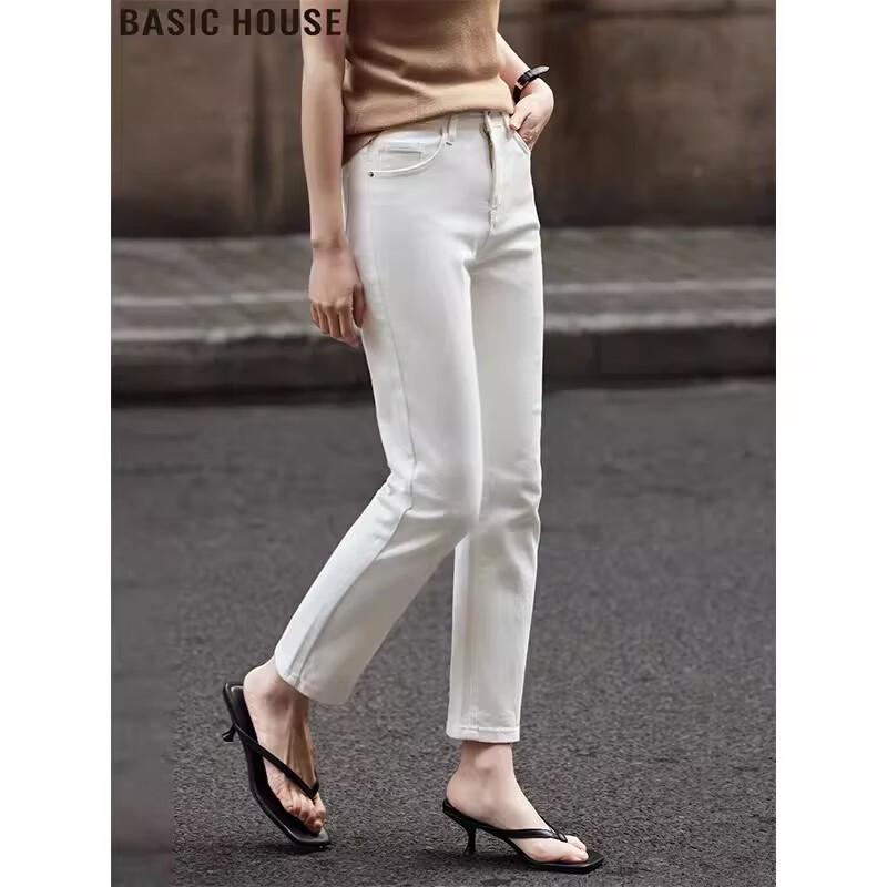 Basic House White Slim Fit Cropped Straight Leg Jeans for Women 2XL