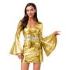Womens 70s Disco Costume V Neck Flared Sleeve Crystal Decor Metallic Shiny Bodycon Dress