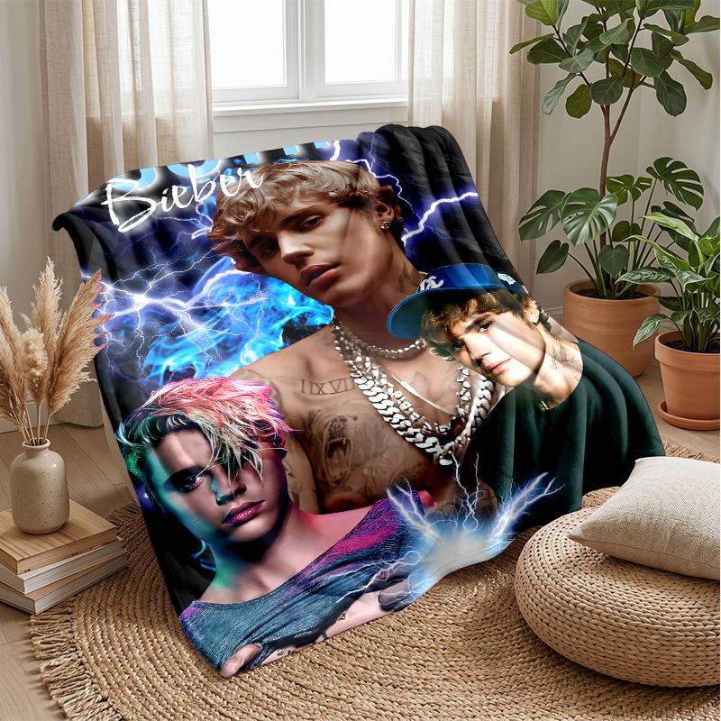 Justin BieberPrinted Flannel Blanket Cozy Skin-Friendly Warm Throw for Couch Bed Indoor Daily Use