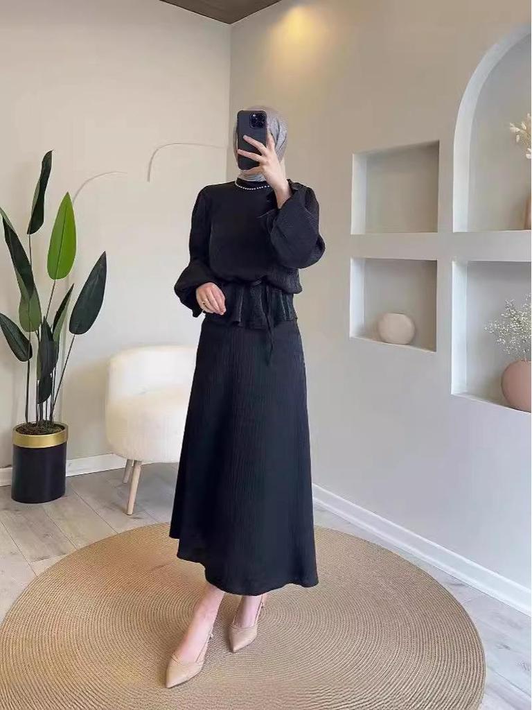 2024 Spring Women's Muslim Set: Elegant Solid Color Half Skirt with Tie