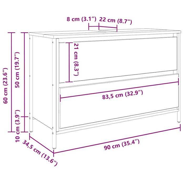 VidaXL Meuble de salle de bain lavabo tiroirs chêne fumé 90x34,5x60 cm, meuble vasque de toilette, meuble de rangement de 861879