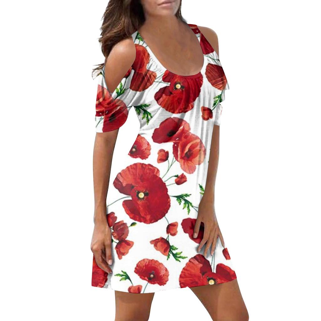 Women's Elegant And Sexy Two-Shoulder Cut-Out Flower Print Short-Sleeved Beach Dress