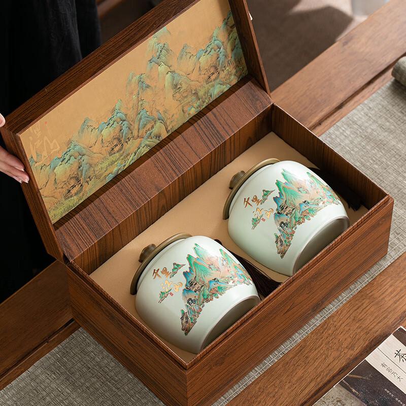 Meijin Ceramic Tea Caddy with Thousand Miles Rivers and Mountains Design