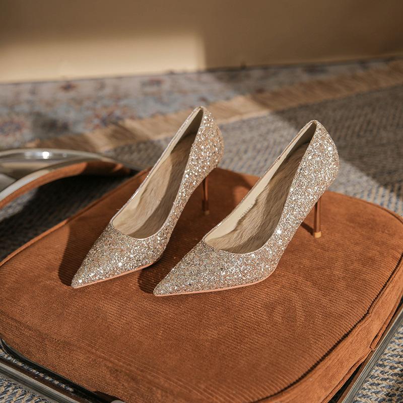 8819 Französische spitze High Heels Damen 2025 neue Kristall Pailletten Hochzeitsschuhe silber Brautjungfer Schuhe Stiletto Schuhe