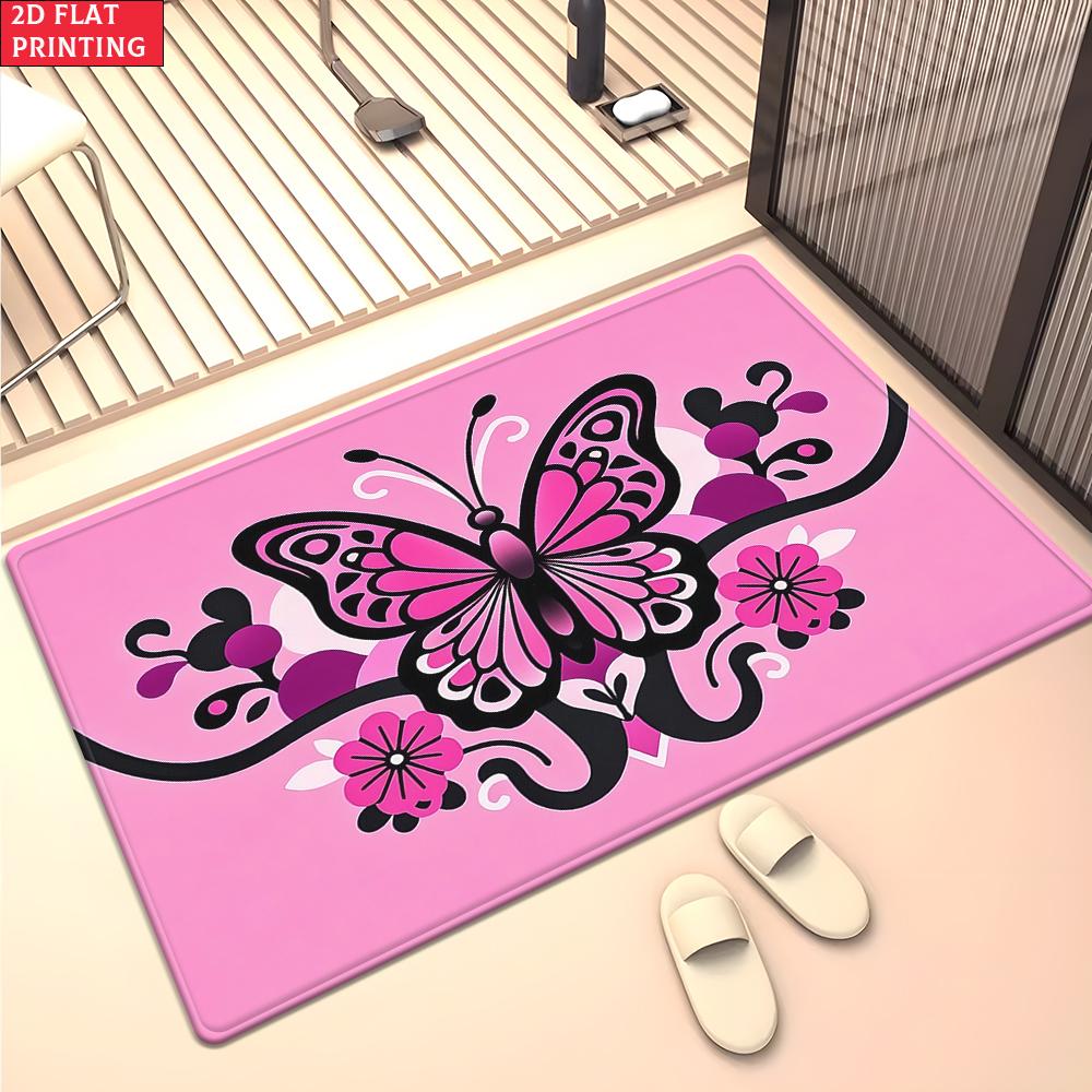 Pink Butterfly Floral Area Rug, Non-Slip Soft Carpet for Living Room Bedroom, Cute Cartoon Decorative Floor Mat for Kids Room