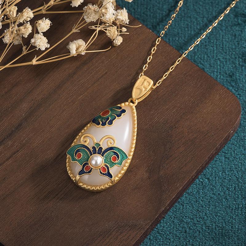 Cloisonné Enamel Necklace with 24K Gold-Plated Copper and Imitation Hetian Jade Pendant: Chinese Style Qipao Hanfu Accessory