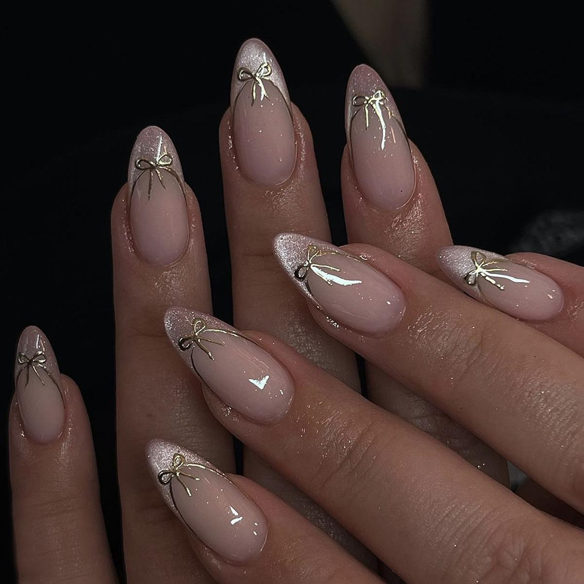 24PCS Nude Pink Cat Eye Almond Stick on Nails Shiny Rhinestone Sparkle Fake Nails for Women Simple Design False Nails Detachable