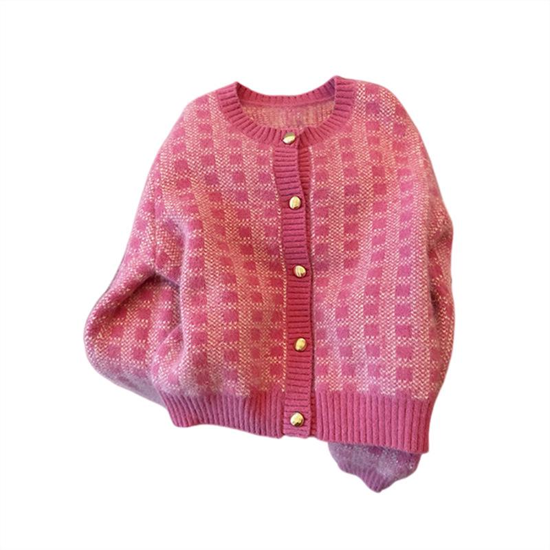 2024 Pink Plaid Knit Cardigan: Cute, Slimming, and Fashionable Spring/Autumn Sweater for Women