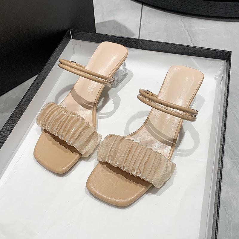 Fairy style thick heel sandals 2025 fashion women's summer women's crystal slippers new pearl high heel slippers outer wear