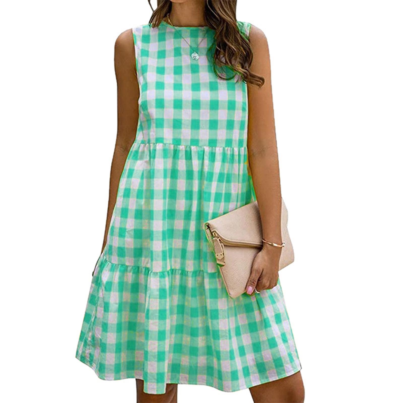 Women s Casual Round-neck Checkered Loose Dress L