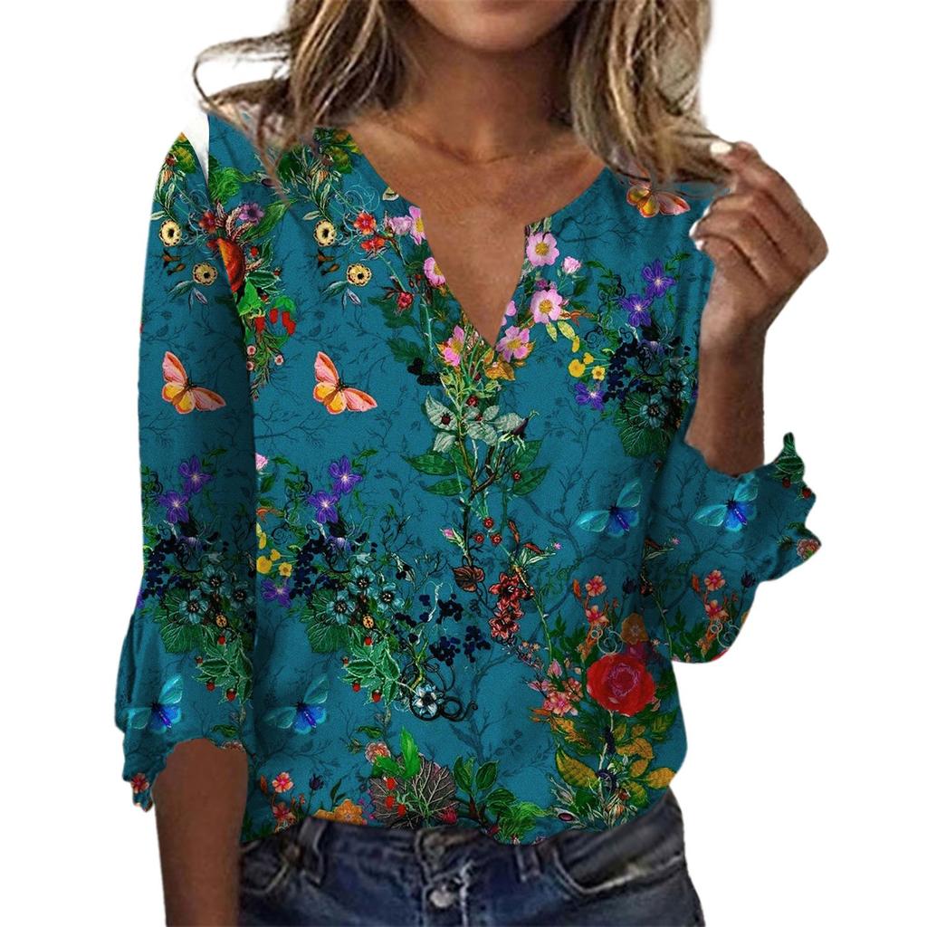 Women's Top Loose Casual V-neck Printed Blouses Bell 3/4 Sleeve T-shirt