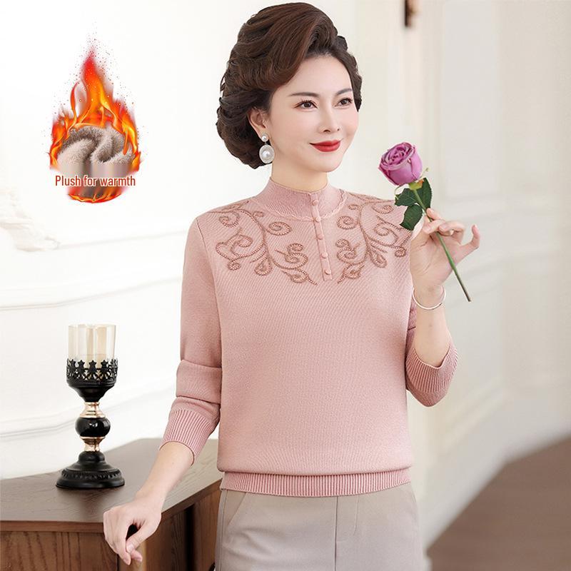 Mom's 2025 Autumn Chinese Style Sweater for Middle-Aged Women, Warm Velvet Knit, Age-Reducing for Winter/Autumn