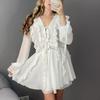 European and American, Elegant Chiffon V-neck Ruffle Edge Design Dress, Spring Long-sleeved Lace-up Shaped Skirt