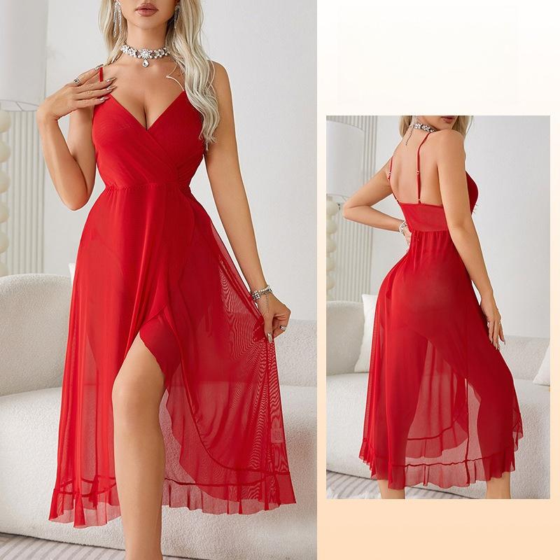Elegantes V-Ausschnitt Nachthemd mit hohem Schlitz, rückenfrei, ärmellos, sexy Cami, Damen-Loungewear 683, anspruchsvolle, schmeichelhafte Nachtwäsche für selbstbewusste Frauen