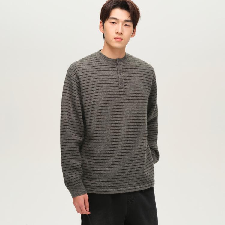 

WOOG2005 Striped Jacquard Henley Collar Men s Sweater - 2025 Autumn/Winter Collection Round Neck Knitwear 2XL