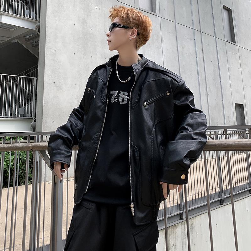 Men's High-End Short Leather Motorcycle Jacket - Trendy Spring/Autumn Street Style with Stand-up Collar