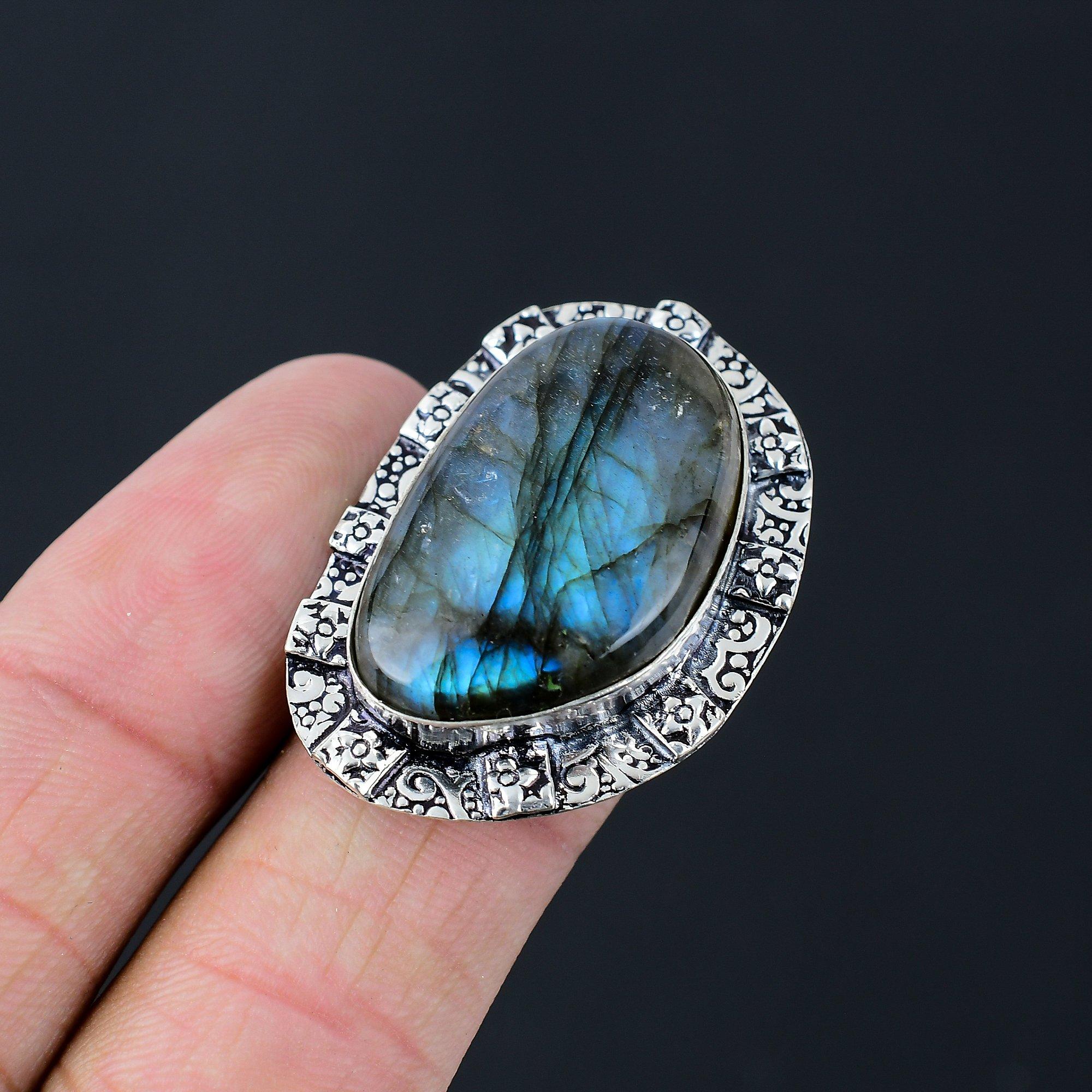 Sterling Silver Oval Labradorite Gemstone Promise Statement Ring Jewelry US 7.5 7.5