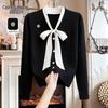 Women's V-Neck Bow Tie Color-block Knit Top
