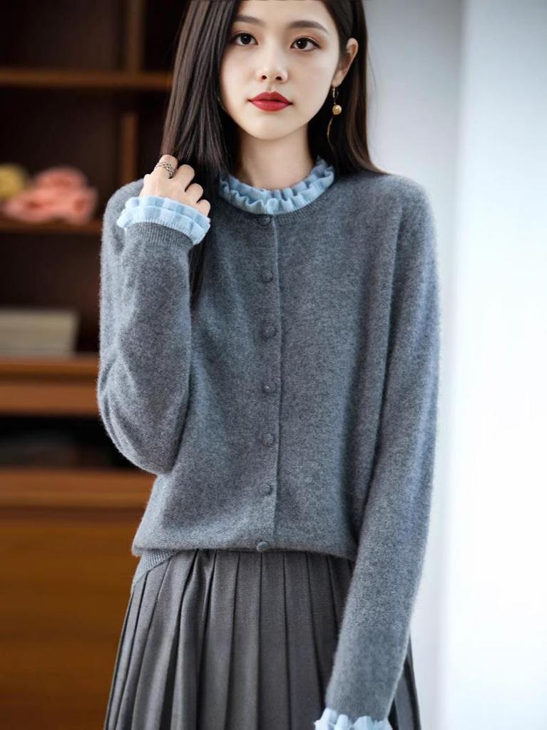 2025 Elegant Ruffle Lace Wool Sweater - Chic Loose Knit Pullover for Women