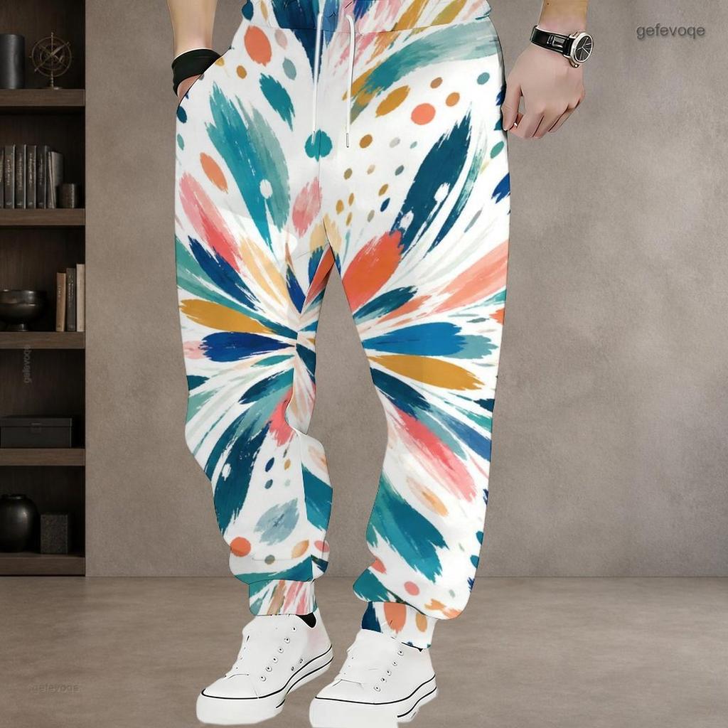 Men Plus Size Colorful Printed Drawstring Waist Side Pockets Cuffed Ankle Jogger Pants