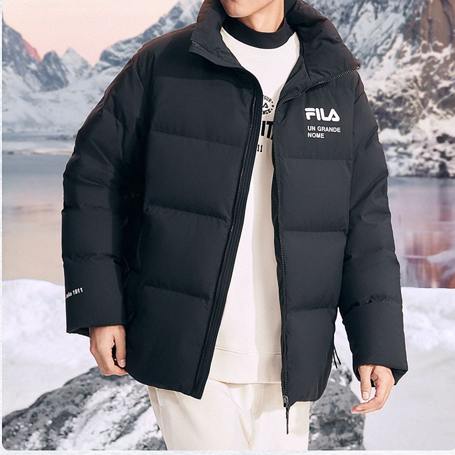 Fila Geacă de puf lejeră casual cu glugă, cu logo simplu, cu mâneci lungi, unisex, îmbrăcăminte exterioară neagră F11U249902F-BK