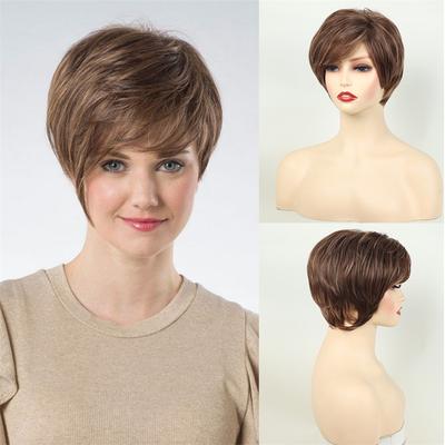 Synthetische Natürliche Pixie Cut Perücken für Frauen Weiches Haar Kurze Braune Perücke mit Pony Hitzebeständig Täglich Lässig Mami Perücke