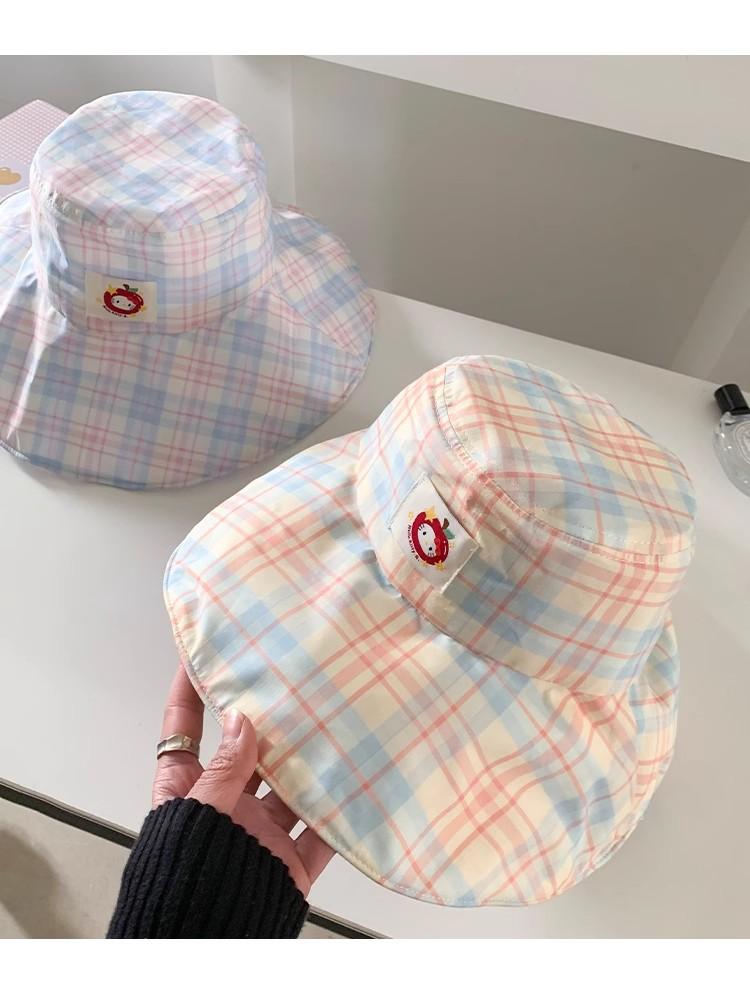 Summer Cute Plaid Strap Fisherman Hat For Women With Uv Protection And Large Brim Outdoor Mountaineering Sun Protection Sun Hat