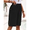 women's Elastic High Waist Button Detail Linen Blend Knee Length Shorts Casual Straight Leg Bermuda Pants