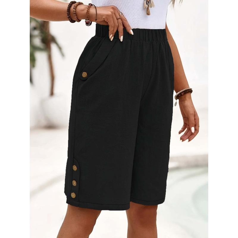 women's Elastic High Waist Button Detail Linen Blend Knee Length Shorts Casual Straight Leg Bermuda Pants