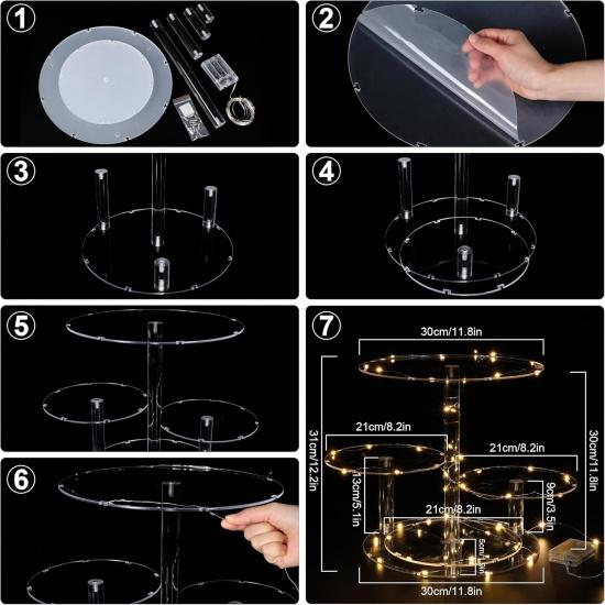 4 Tier Round Acrylic Cake Stand Cupcake Stand Tower Holder with LED Light Dessert Pastry Display Stand for Birthday Wedding Graduation Party Baby