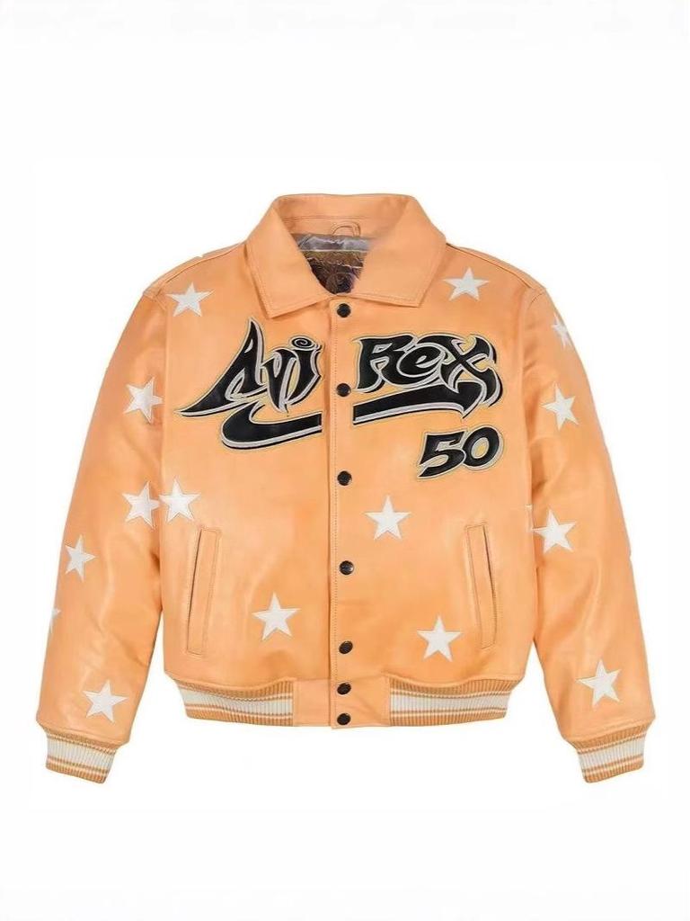 Avirex x Hellstar Men’s Leather Jacket: Trendy American Hip Hop Style Outerwear.