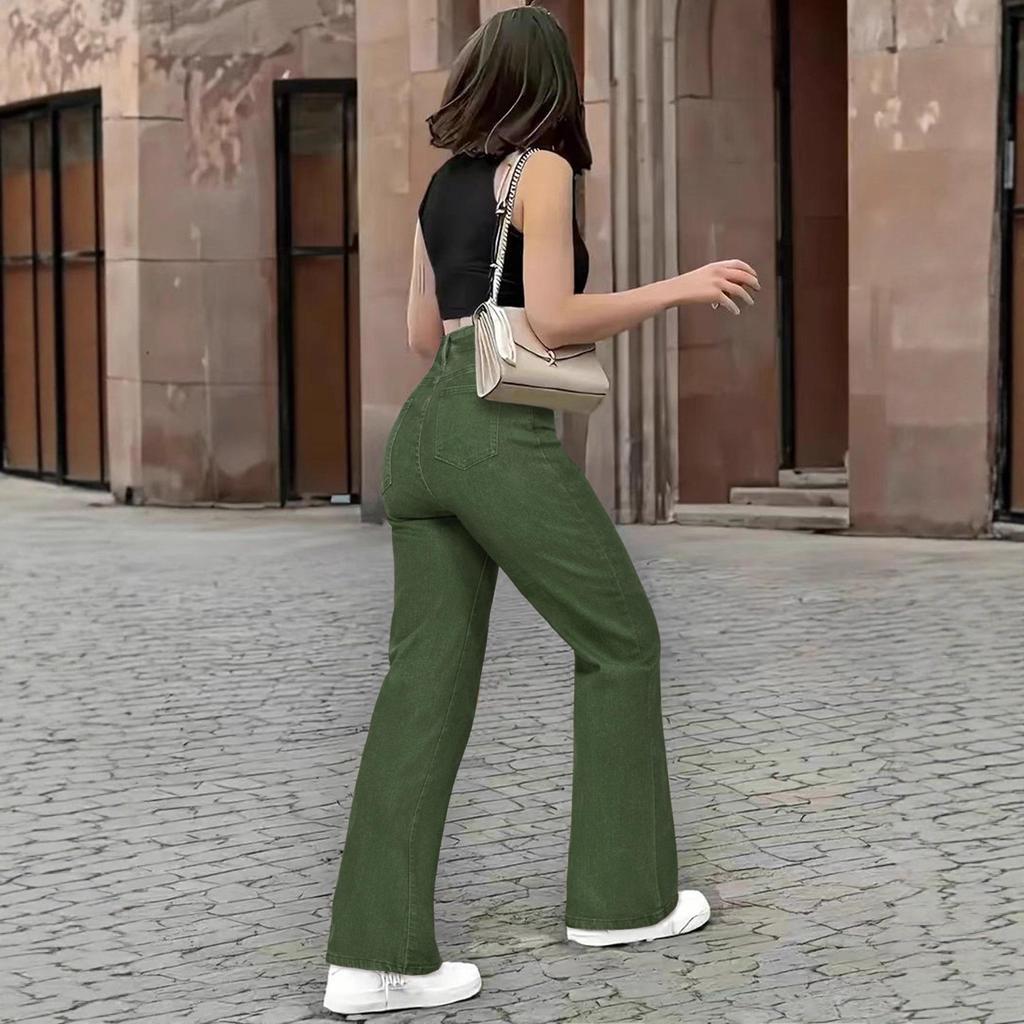 Army Green Elastic Denim Straight Leg Pants - Super Soft Fabric
