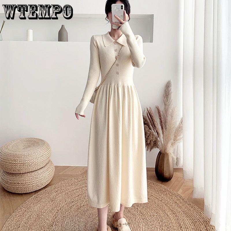 Mid-length Sweater Dress A Versatile Solid Color A-line Knitted Dress for Women Casual and Warm Pullover