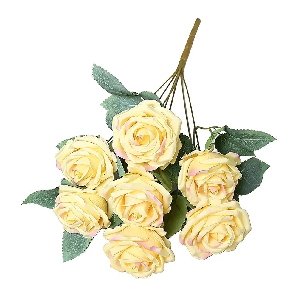 7 Heads Rose Artificial Flower Multicolor Rolled Edge Faux Flower Photo Props Green Leaves Flower Bouquet Wedding Ornament