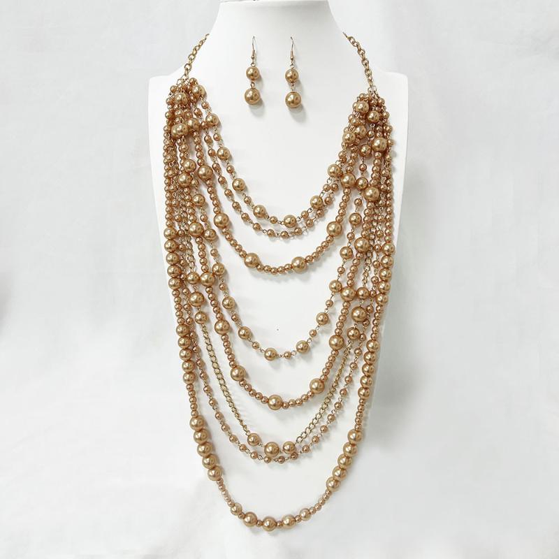 Elegant Multilayer Simulated Pearls Necklace And Earrings Set For Women Long Necklace Fashion Jewelry Accessories