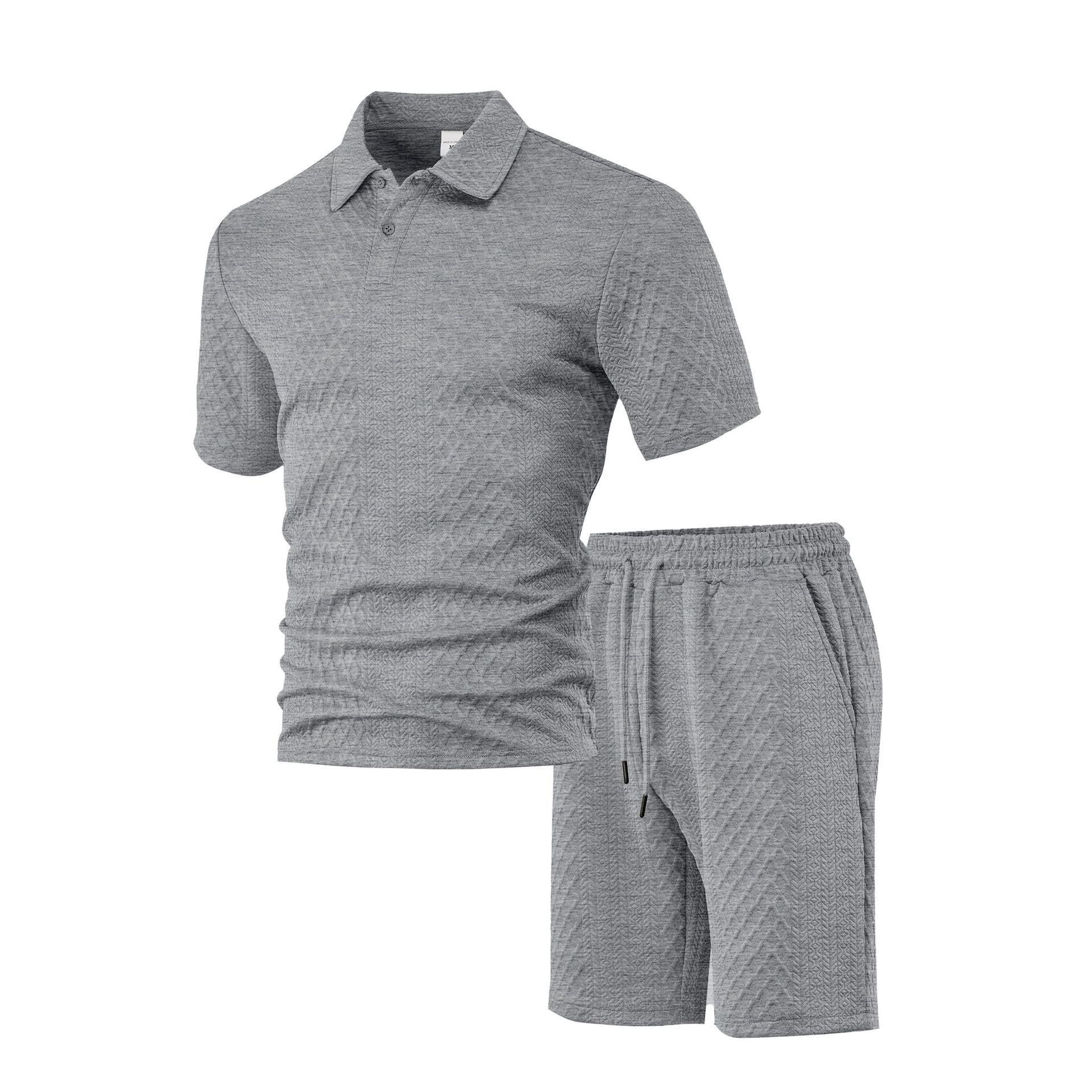 

Fashion Summer Men s Casual Trendy Solid Color 2 Piece Set Short Sleeve Turn-down Collar T-shirts Knee Length Short XXXL світло-сірого кольору