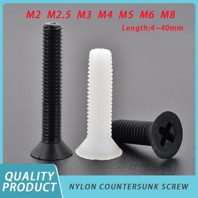 Vite a testa svasata in plastica di nylon bianco/nero M2 M2.5 M3 M4 M5 M6 M8 Viti a testa piatta Viti a testa svasata Phillips Lunghezza:4~40mm