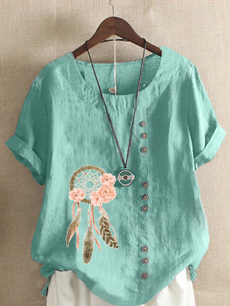 Women's Fashion Feather Flower Print Casual Cotton Linen Short Sleeve Round Neck T-shirt Shirt Leisure Loose Summer Blouse Tops
