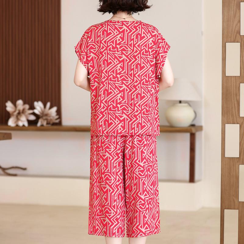 Plus Size Women Two Peice Sets Summer Loose Elegant High Waist Pant Sets Female Casual Vintage Print Oversize Suit