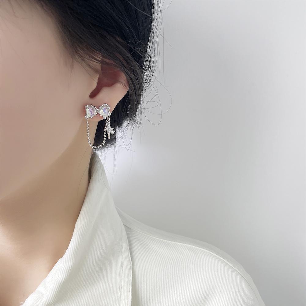 Bow Moonstone Stud Earrings Light Luxury Cold Wind Star Light Love Zircon Fringed Earrings Temperament Celebrity Show Face Thin