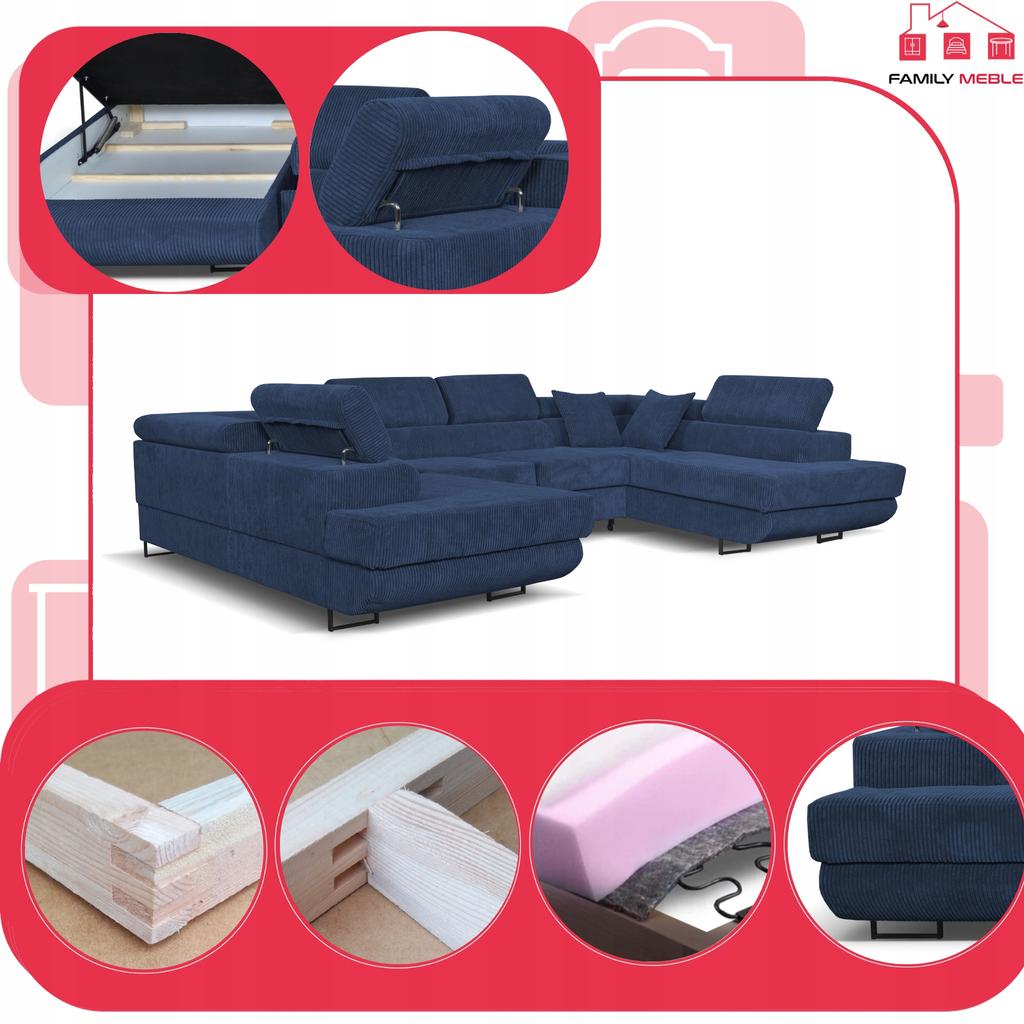 U-shaped Corner Sofa Bed, Extendable F. Savio Family Sleeping Furniture Navy Corduroy