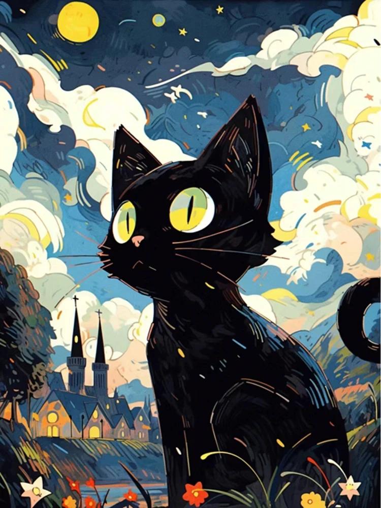 Abstrakt Stjärnhimmel och Svart Katt Affischer och Tryck Canvas Målning Väggkonst Bilder För Vardagsrum Hem Mural Dekoration Gåva